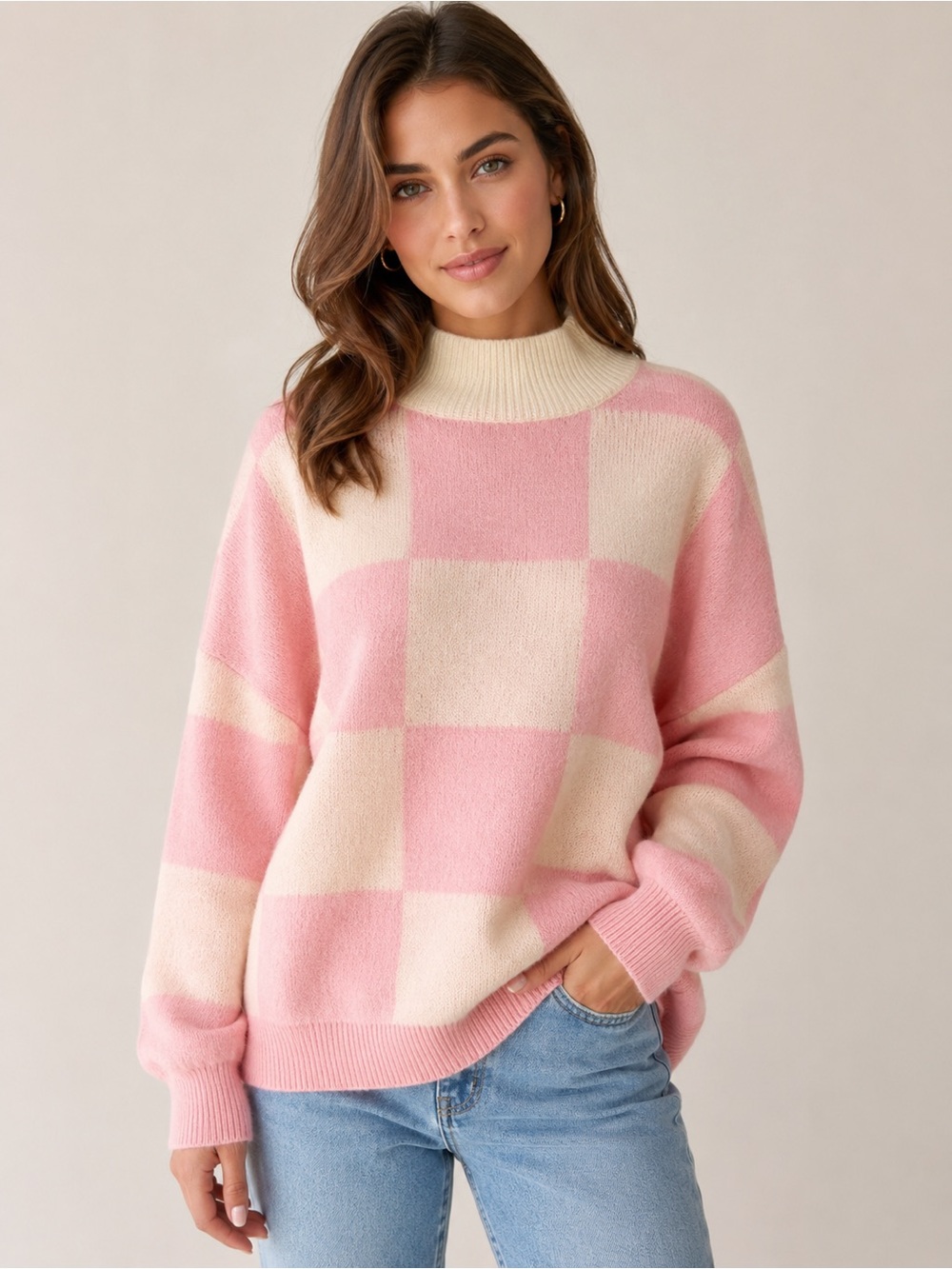 Pink & Cream Checkered Mock Neck Sweater - Soft Oversized Cozy Knit Size Large